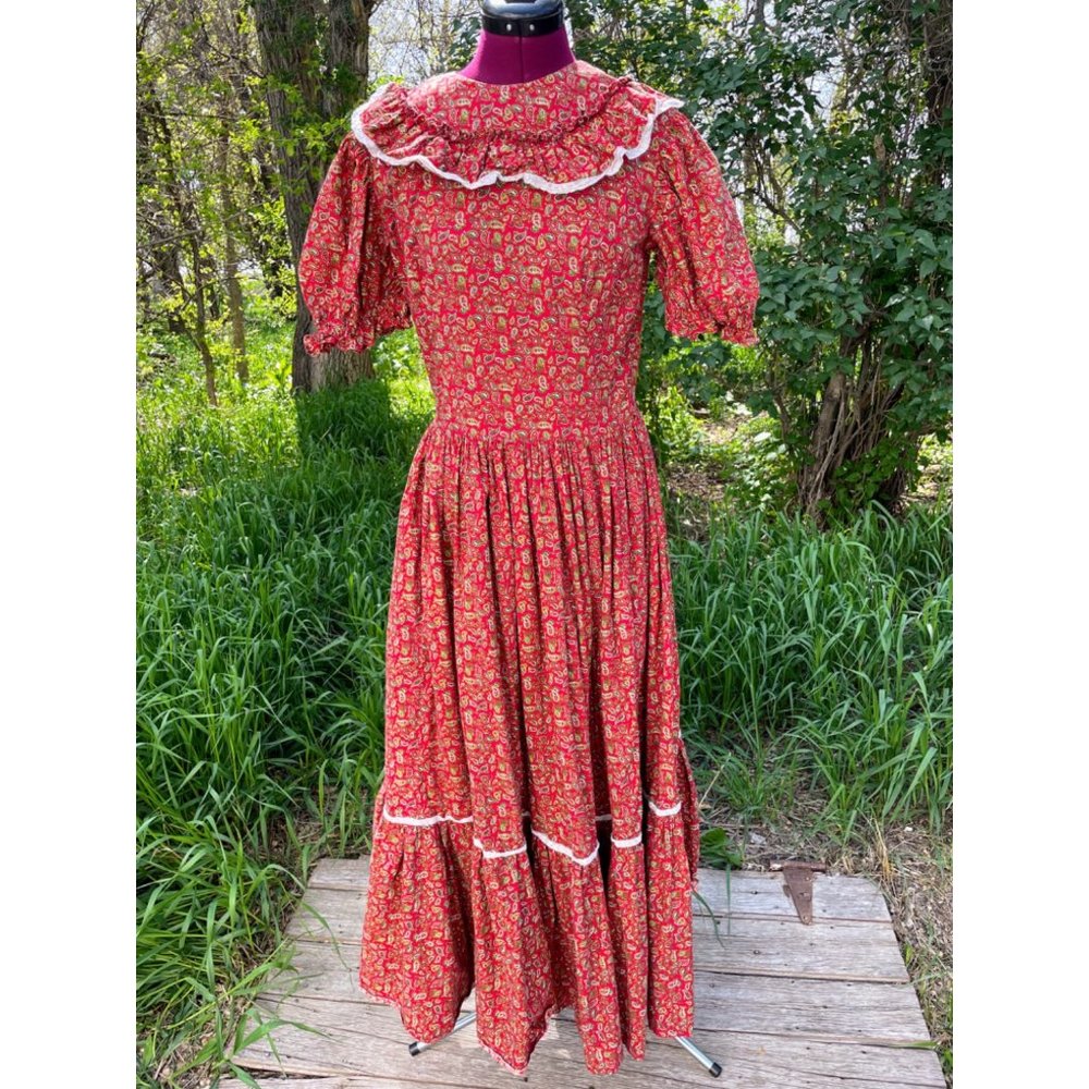 Vintage 1970s Peasant Maxi Dress Burgundy Cotton Paisley Flare - Picture 9 of 16